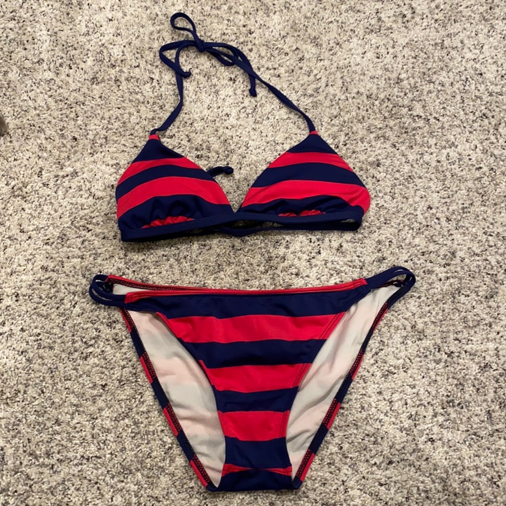Pink and blue striped swimsuit bikini bathing suit M